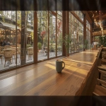 **<https://s.mj.run/xbIQEf-vN9I> a massive wooden counter table dominating the foreground bottom and stretching from the front into the distance at the center, in the foreground prominently in focus a slightly oversized matte deep green ceramic coffee cup filled with hot coffee, no saucer, no steam, beyond it towards the back of the counter a few small plants placed casually, large glass windows on the left side with soft sunlight streaming in, outside the windows a terrace with modern chairs and tables directly bordered by a sparse forest, trees arranged with spacing to create depth and a sense of distance, autumn foliage in muted golden yellow, amber, and rustic orange tones, no people present, on the right side of the counter table the cozy interior of the café with wooden tables, chairs, plants and elegant hanging lights, filled with bright natural daylight, warm wood textures, sophisticated and relaxing mood, perfect for chill jazz and bossa nova vibes --ar 16:9 --v 6.0 --iw 1.5 --sref <https://s.mj.run/xbIQEf-vN9I> --raw** - Image #4 <@1401533953676021780>