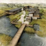 **Campus design from drone perspective of a technical high school along a marsh with boardwalks which access viewing platforms. Design the buildings in the style of lake flato architects** - Image #4 <@1182158818818400348>