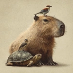 **realistic photo of a capybara with a turtle next to him and a bird on the capybara's head.** - Image #4 <@1340376758884634665>