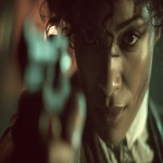 **A cinematic still, a film by denis villeneuve, A steam punk detective, black woman, in a shoot out, mid shot, --v 7.0 --ar 16:9** - Upscaled by <@1105536971348123781> (fast)