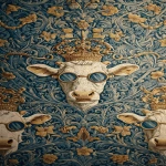 **<https://s.mj.run/0GMbnBQLfYo> william morris wallpaper design of humanoid cows wearing sunglasses and wearing a crown, using 3 colours only --no birds --ar 13:25 --iw 3** - Image #2 <@1103975769467789322>