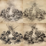 **a rough charcoal sketch of a burning bonfire in the center with a family dressed in wool, leather, linnen and fur clothing sitting around it. medieval setting in the evening. The group is cooking. They look happy and there are pots and food already prepared that can be used for a barbecue. --ar 2:3** - Remix (Subtle) by <@250270395821719552> (fast)
