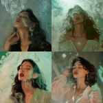 **A surreal editorial scene blending fashion and spirituality: a moving image of a model with wavy dark hair wearing thick handcrafted sterling silver jewelry earrings and a pendant in slow, graceful motion. Behind her, minimalist hand-drawn spiritual symbols (angel numbers, tarot illustrations, energy spirals, moon glyphs) gently animate and hover like spiritual echoes. Background is soft smoke-green and parchment white, lit with diffused daylight and soft shadows. Her movement is subtle fingers brushing jewelry, eyes closed as if in trance. The silver jewelry reflects matte light, showing texture. Scene feels quiet, modern mystic, and intentionally imperfect. Visual style inspired by Pamela Love’s raw editorial tone, merging fashion, ritual, and dream. --v 6.0** - <@1214240647834509406> (relaxed)
-# Create, explore, and organize on [midjourney.com](<https://midjourney.com/imagine?from_discord=1>)