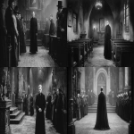 **A cinematic still, a film by Tod Browning, a black priest, in a church, wide shot, --v 7.0 --ar 16:9** - <@1105536971348123781> (fast)