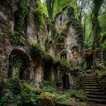 **ancient ruined stone castle overgrown by nature, towering arches broken and swallowed by thick roots, ivy crawling up shattered walls, trees growing through stairwells and collapsed roofs, moss-covered bricks splitting under pressure, Greenman presence implied in the foliage (subtle face forms in vines, bark shaped like watching eyes), moat filled with earth and wild plants, atmosphere of timeless reclamation, soft diffused light, deep greens, mist curling around the ruins, cinematic realism, ultra-detailed textures, mythic and haunting mood, lush forest reclaiming human architecture, symbolic sense of nature’s slow vengeance, 4k, photography-grade lighting, high-detail stone and bark textures, dramatic composition, cinematic depth of field** - Image #2 <@876267919003238460>