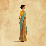 **Pixar Disney style flat 2D procreate textured full length illustration of an Indian tall woman standing with short hair , dressed in a saree and earrings. The style should have clean outlines, and subtle textured shading to give it a hand-painted feel.** - Image #2 <@748085296171843676>** - Image #3 <@748085296171843676>