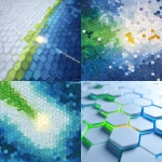 **Hexagonal or triangular geometric tiles cover the entire screen. A thin "electrified path" runs through the tiles, starting from the left in vivid green (RGB: 178/210/52) and from the right in deep blue (RGB: 0/77/116). These paths converge at a central white-to-gold circular node, simultaneously brightening to exceed a threshold. Abstract, clean, clinical. No text, no logo. Tiles feature subtle height variations and smooth reflections for an elegant look; path intersections increase in brightness. Background ranges from light blue to white. Volume light is extremely faint, particles are sparsely scattered. High resolution, minimal noise.** - <@1143439331013431326> (fast)