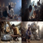 **A cinematic still, a film by Terry Gilliam, a nerdy black kid, building a robot, wide shot --v 7.0 --ar 16:9** - <@1105536971348123781> (fast)