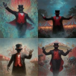**a carnival ring master wearing a red vest and black suit with no face under his black top hat is welcoming you with his right arm to the creepy weird Lovecraftian carnival, as a front page art piece painting, --ar 8:11 --v 7.0** - <@1035886146422583346> (fast)