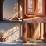 **realistic minimalist interior with wooden textures and warm ambient lighting, sunbeams entering through window, subtle dust particles, ultra detailed materials --chaos 10 --ar 4:3 --exp 50 --raw --stylize 250 --v 7.0** - <@610664569651855369> (relaxed)