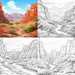 **coloring book cover drawing Grand Canyon, in the style of mixes realistic and fantastical elements, dreamlike illustrations, bloomcore, tasteful use of negative space, no text, sketchfab, adventurecore, magic realism --ar 83:107 --v 5.2** - <@1144501518293282817> (fast)