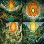 **a sun of many colors looks down upon a lush green world. the inhabitants worship the sun as a prophetic iris offering insight into daily life and enriching culture, illustration, detailed image, fine strokes in painted sections --ar 16:9 --v 7.0** - <@480446086046154782> (fast)