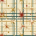 **seamless repeating geometric pattern, atomic-era plaid made of intersecting gold and teal lines with red starburst ornaments at the crossings, mid-century modern Christmas aesthetic, repeating textile or wrapping paper design --tile --ar 1:1 --v 6.0 --chaos 5 --raw** - Image #2 <@973241297529868358>