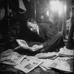 **abrahm vermont, un escritor adulto de 30 años en 1915 en rosario duermiendo acostado en el piso de noche. se tapa con diarios porque no tiene frasada. cubierto por los ejemplares de diario como sabana. 'the vols stimme' su diario escrito en idish litografiado. Vive entre sus palabras en su cuarto muy pequeño de conventillo y con pocas cosas, para escribir y litografia. Escena de pelicula de thirller moderno ambientado en 1910 pero con la calidad actual de cine profesional. Vermont es dejado, tiene bigote largo pero sin barba y poco pelo y un poco gordo, viste formal, pero gastado.** - Image #2 <@985959374633717780>