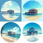 **A bright, circular image, stylized Clearwater Beach including pier 60, Florida in full daylight, featuring the beaches in a minimalist, flat color style. Clean lines, bold colors, and glowing reflections create a vibrant, blue, cartoon-like atmosphere. The scene is bathed in bright midday sunlight, ensuring a pure daytime look. realistic --v 6.1** - <@916477666708848640> (fast)