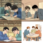 **Ghibli style graphic of 3 male college roommates contently doing a project together at a table. --v 5.0** - <@1090435486935433258> (fast)