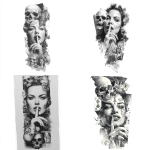 **Surrealist tattoo sketch in black and white with high contrast on a white background, aspect ratio 1:2. The composition should feature skulls at the top and bottom, with a woman's face in the center, making the shushing gesture with one hand and a finger to her lips. The woman should be beautiful, expressive, with deep eyes, and slightly in profile. She should have subtle, symmetrical dark lettering tattoos on her face, barely outlining it, not centered. The surreal tattoo style, with a composition that inspires both darkness and beauty, may include casino and gambling details. The background should feature negative waves and abstract, symmetrical gray tones. The entire design should be fluid and connected, well-composed, and realistic. The woman should be slightly in profile, with full lips, smiling slightly and looking at the camera. Full HD** - <@757574836565311488> (fast)