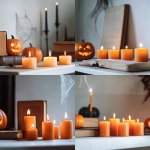**<https://s.mj.run/ZZjoODn8UNs> A realistic photo featuring a white horizontal tabletop in the foreground with several small orange candles lit. In the background, a few subtle Halloween-themed details such as a small carved pumpkin, a closed spell book with worn pages, a black spider crawling on a corner, and a faint spider web against the wall. The scene is softly lit with natural daylight, creating a minimalist yet spooky autumn atmosphere without being overly decorated. --s 525 --c 10 --v 6.1** - <@437658373576720385> (fast)