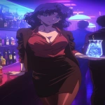 **Fuzzy 90s Anime screengrab, A night club filled with smoke and mirrors that reflect the single beauty standing back a bit walking forward, it's a woman in a business jacket and a long pencil skirt, dark brown stockings, she's carrying a tray with a large pitcher of ice that has glistening blueish square cubes inside and condensation down the glass, her hair midnight blue with purple tips and short cut hair ending around the shoulders, confident smile, narrow squinting blue eyes, pencil thin black eyebrows flat --ar 3:5 --niji 6** - Image #4 <@372629349565988865>