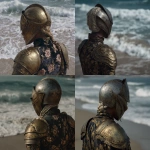 **a cinematic shot of daenerys targaryen in golden armor, wearing an iron helmet, on the beach. she is facing away from the viewer and looking at the ocean waves. her shoulder stands out, and she is wearing dark with a gold floral pattern, on a summer day. --ar 29:27 --v 7.0 --p 7t8d38w** - <@995751013732581408> (relaxed, stealth)