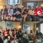 **3 people in a Sheraton hotel room seating on a sofa bed and dring corona bear, eat hardbite chips, wears Calgary Flames t-shirt, having fun, realistick photo, camera** - <@1051210584496033832> (fast)