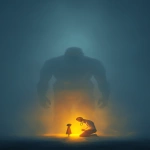**A vertical, cinematic scene set in thick, misty fog. In the background, a colossal, ghostly figure stands facing directly forward the massive shoulders and torso of a humanoid giant with a head made entirely from the U.S. Capitol dome. The dome is seamlessly integrated, intimidating, expressionless, and symbolic of systemic power and political threat. The giant looms in silence, ethereal and cold, with minimal detail except strong architectural and structural weight in its form. In the foreground, a glowing doctor figure kneels with deep compassion. The figure is made entirely of radiant light warm gold and white and is gently listening to the heartbeat of a small glowing child using a clearly visible stethoscope. The doctor’s posture is intimate and protective. The child stands calmly, trusting. Both figures glow from within and are the only light source in the scene, casting light into the fog that gently reveals the presence of the looming Capitol-giant. The composition emphasizes the massive scale contrast between the giant and the glowing human figures. Visual style is painterly or digital illustration poster-ready, dramatic, and reverent. Chiaroscuro lighting, soft fog diffusion, and strong emotional impact. Use warm glow for the figures and cool grays and blues for the giant and background. Emotion: quiet defiance, compassion under pressure, light in systemic darkness. --ar 2:3 --v 7.0** - Upscaled by <@801873084395028480> (fast)