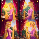 **<https://s.mj.run/XXLD6CnEfo0> Fan art of Princess Rapunzel from Disney, inspired by the style of @chiara_drawings, inside her tower, Rapunzel in profile gently touching the golden sun symbol from the kingdom of Corona, clearly painted on the wall just like the official emblem (yellow sun with purple ornamental swirls), no floating lanterns, soft warm light from the window, her classic pink and purple dress, very long golden hair with delicate flowers, dreamy artistic atmosphere, red velvet curtains framing the scene, rustic interior with brushes, paint, and books, pastel tones, clean elegant lines, high-quality artistic finish --v 7.0 --ar 1:1 --p 6f6xtw4 --raw** - <@1338496041460174871> (relaxed)