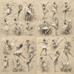 **fairy dancing in the flowers, many poses, pencil sketch, realistic** - Variations (Strong) by <@1202707032818458747> (fast)
