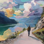 **rich pastel colors composition / of a man / walking on a path / near an expansive body of water / in a valley / surrounded by towering mountain peaks** - Image #2 <@1080572898269466724>