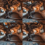 **ancient fortress grand stairway, twisted tree roots on ceiling with elegant stone floors, tree roots stair banister railing, paintings on walls, sunset lighting, 8k detail, shot on a Sony Alpha a7 III camera, tree roots and ceiling --v 6.1 --ar 9:16** - Variations (Region) by <@941416877790486558> (fast, stealth)