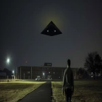 **Night scene Langley AFB, lone witness on walking track in foreground, black equilateral triangle UAP hovering far in distance above NASA hangar building, craft small in frame due to distance, craft exterior to hangar floating in night air, bottom surface showing sharp triangular geometry with pointed corners, EXACTLY four white lights total - three small corner lights at triangle vertices plus one large center light, thick golden yellow aura glowing from craft top, witness large silhouette in immediate foreground, empty military base minimal lighting, single car near distant hangar for scale reference, wide angle shot emphasizing distance between witness and craft, clear night sky background, craft appears distant and small overhead --ar 16:9 --v 6.0 --no close craft, large UFO, hangar interior --raw** - Image #4 <@701603354954170449>
