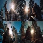 **drone shot cinematic image fantasy of a viking nord wearing fur high on a pine forest mountain holding up a sword in the epic sun flair, winter --ar 16:9 --v 7.0** - <@472489791414337556> (relaxed)