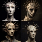 **a front facing mannequin with a few different sized spikes coming from its face, the mannequin has cuts and damage all over its face, male figure, tattered and torn details, dark eyes, very dark background, high detail, horror inspired** - <@702122213033246720> (fast)