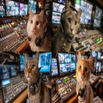 **a cat wearing a clearcom headset and sitting in front of a video switcher, photograph, --ar 16:9** - <@960702118686244966> (fast)