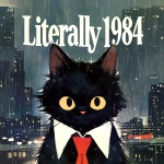 **cute black cat with yellow eyes and wearing white collar with red tie in rainy city poster "Literally 1984" --niji 7** - Image #4 <@937851746712186921>