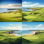 **an illustration poster style of Royal Portrush in Northern Ireland. The putting green is close up in the foreground with the golf flag on the green, the golf course and the sea is in the forgeound on a bright sunny day --v 5.2 --ar 2:3** - <@1172142007355977883> (fast)