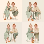 **Vector. Realistic style. Two adult girls sitting at a round table with a cup of tea and a plate of apples, the first with light blond hair tied in a low bun, in a mint dress and orange shoes, holding a hot cup of tea, the second with loose reddish hair, in a light sweater and pants; semi-realistic faces they smile, an atmosphere of lightness, sincerity and friendly warmth without background --s 150 --q 4 --sref <https://s.mj.run/5ndvjkOsR6o>** - Variations (Strong) by <@1391726384128200735> (fast)