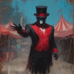 **a carnival ring master wearing a red vest and black suit with no face under his black top hat is welcoming you with his right arm to the creepy weird Lovecraftian carnival, as a front page art piece painting, --ar 8:11 --v 7.0** - Image #4 <@1035886146422583346>
