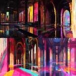 **petermax melting paint and patric nagels matrix tron universe inside a Vijayanagara architecture brutalist liminal space , in the style of dark black and black, soft renderings, baroque opulence, 8k resolution, historical reimagining, streetscape, mirrored --ar 16:9** - <@1001501262673612972> (fast)