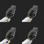 **iphone17, straight on, held by robot hand made of coding lines --v 7.0** - Zoom Out by <@1048326817838280714> (fast, stealth)
