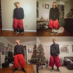 **A young handsome tan skinned white man with dirty blonde wavy short hair dressed in a Y2K Cholo gangster style, wearing a black long sleeve Dickies work shirt and extremely baggy, extra-long, 3XL plain long red and black Nike basketball shorts. His shorts are very long and go down to his ankles and feet. He is wearing Nike Cortez shoes in his house by a Christmas tree** - <@1061360796438900746> (fast)