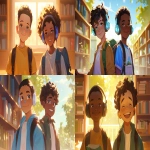 **a medium shot of two realistic illustrated happy 8-year-old students from America, they have a well-defined noses and well-defined jawlines, the first student is an African American male with light brown eyes and very short black hair, the second student is a dark African American male with light brown eyes and curly black hair, they stand with their head and neck and shoulders completely square to the camera and facing forward, their entire body is facing forward, they wear backpacks, they have large headphones on their head, they stand in a library, it is daytime, the sun is shining bright, high-definition, anime-style, --ar 16:9 --niji 6** - <@1065025086664474674> (relaxed)