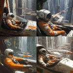 **A pilot in an orange and white spacesuit sitting inside the cockpit of their spacecraft, with other spacecraft parked outside on metal walkways surrounded by tall buildings, in the style of Craig Mullins. --ar 51:64** - <@264129597782753313> (fast)