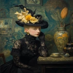 **<https://s.mj.run/kRrDEmRQqcQ> an oil painting of beautiful blonde woman in a provocative black lace dress and tall hat with flowers sits at an antique table, a oil painting in the style of absurdist painters such as vincent van gogh, muted colours, chiaroscuro lighting, gustav klimt, and william morris. the painting has a maximalist, victorian fantasy background. --iw 0.2 --chaos 5 --v 7.0 --ar 3:4** - Image #2 <@988364629556199494>