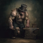 **a renaissance gothic horror style image for a dnd horror book. The image should show a bloated and mutated short and heavily muscled mutated zombie blacksmith/gunsmith. The subject should be hunched over, bloated with muscle and body horror mutations. He should be stood next to an anvil in a blacksmith workshop. He should be holding a big warhammer in one hand. On the subjects head should be a worn and battered top hat. The image should be in a gothic horror renaissance oil painting style. --v 7.0** - Image #4 <@545090802750324757>
