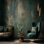 **Dark green and gold vintage wallpaper with a metallic sheen, intricate patterns, and a luxurious feel, set in a dark room. An elegant armchair and coffee table sit in front of the wall, with soft lighting casting gentle shadows on the textured surface. --v 7.0 --ar 3:2** - Image #4 <@1313000520759377972>