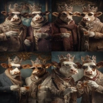**Ultra HD full body portrait photo of two buff cows wearing giorgio armani suits and winter scarves, wearing crowns with lots of gems on the crown, wearing sunglasses. the two cows are at a party and are holding their arm out with whiskey drinks in their hands doing a cheers motion to celebrate. background is decorated with a royal theme. taken with a cannon eos, hyperrealistic, natural lighting --ar 2:3 --raw** - <@1103975769467789322> (relaxed)