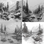 **pencil sketch of a river with rocks and tall trees leading up to mountains in the distance, realistic** - <@1202707032818458747> (fast)