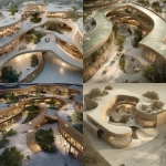 **conceptual architectural render of a public campus building, big installation, based on an organic, realistic, detailed, complex structure, curving floor plan layout emphasizing flowing, inclusive spaces with curved glass facades, warm wood textures, soft ambient lighting, landscaped open courtyards, integrated indoor-outdoor transitions, modern minimalist furniture high-resolution, aerial perspective, photorealistic style, rendered with soft shadows and realistic materials** - <@759292859500855326> (fast)