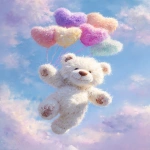 **fluffy white teddy bear flying with pastel heart-shaped balloons, soft fur texture, dreamy sky background, oil painting style, soft brushstrokes, whimsical and cute, pastel colors, highly detailed, fantasy illustration --ar 3:4 --v 7.0** - Image #3 <@1260560390853754923>